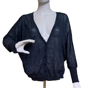 Free People Cardigan Sweater Size M  Button Down Oversized Navy Blue Shimmer